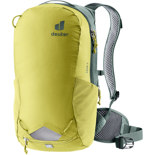 zaino per bici Deuter Race 8, leggero e traspirante con sistema Airstripes e tessuto riciclato, verde lime
