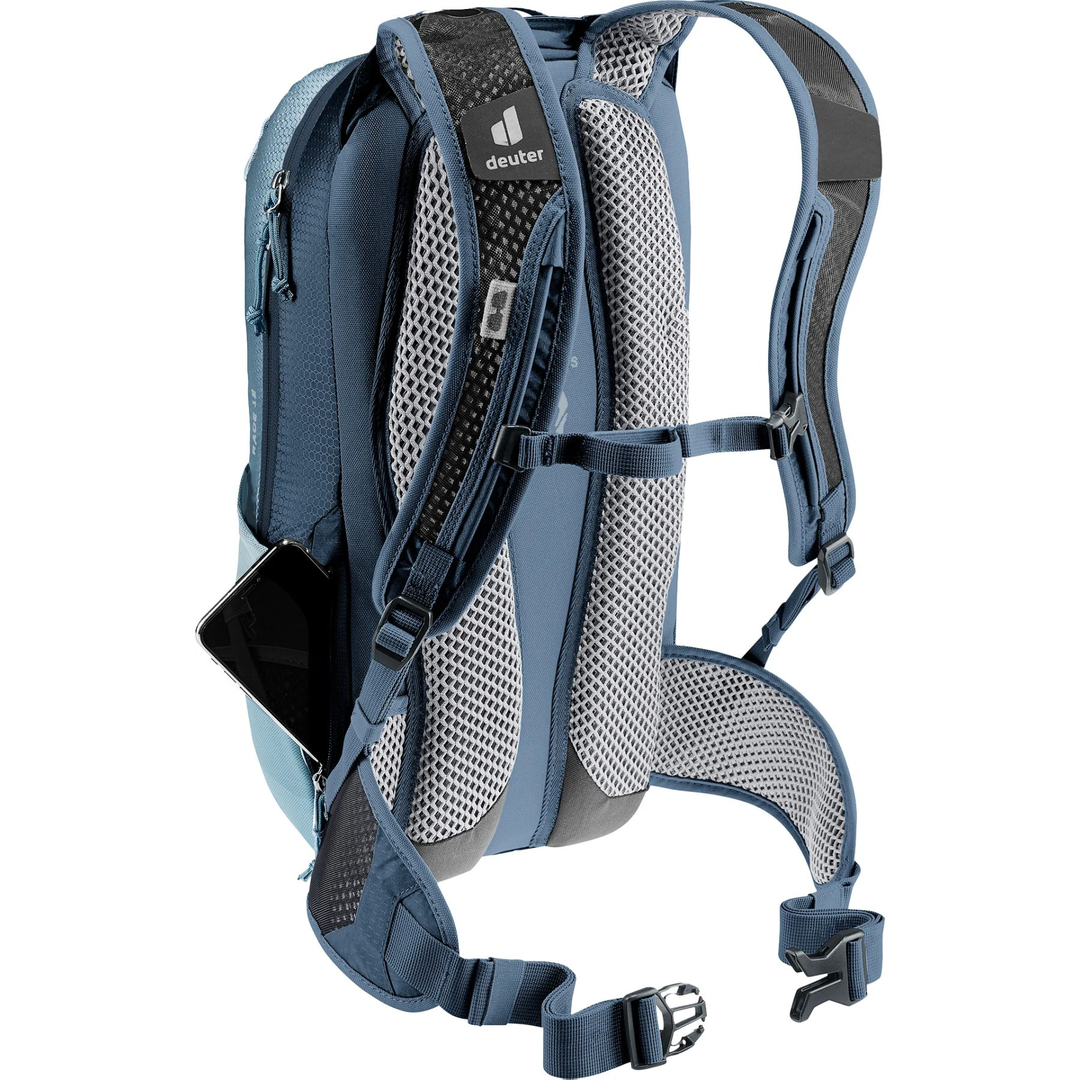 Zaino per bici Deuter Race 12 con sistema posteriore Airstripes, blu, leggero, alette lombari in rete, tasca laterale per cellulare.