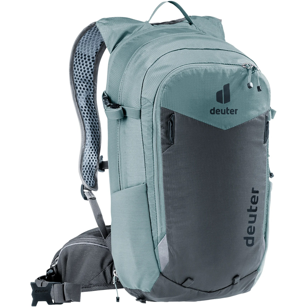 Compact 12+3 bike backpack with Airstripes system, expandable volume, hydration compartment, and helmet attachment.