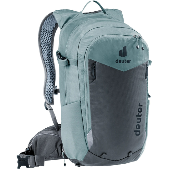 Compact 12+3 bike backpack with Airstripes system, expandable volume, hydration compartment, and helmet attachment.