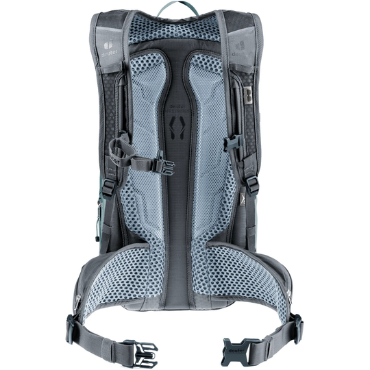 Compact 12+3 bike backpack with Airstripes system, versatile pockets, expandable volume, and helmet attachment.