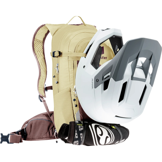 Compact 12+3 bike backpack with Airstripes system, helmet attachment, and expandable volume.