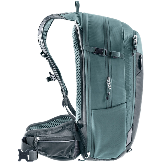 Compact 14+3 bike backpack with Airstripes system, helmet attachments, expandable volume, and multiple pockets.