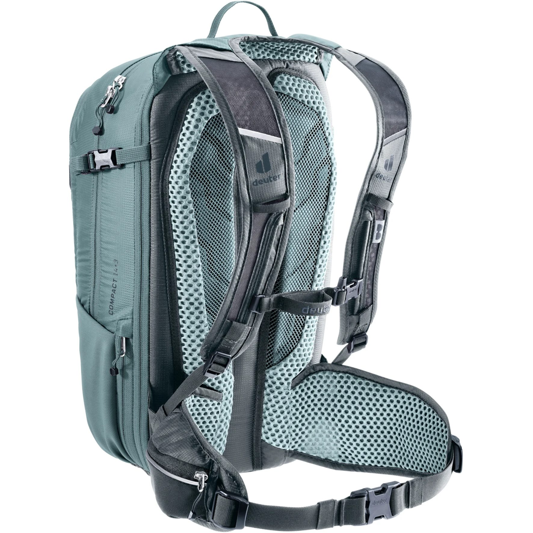 Compact 14+3 bike backpack with Airstripes system, versatile storage, expandable volume, and helmet attachment.
