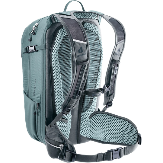 Compact 14+3 bike backpack with Airstripes system, versatile storage, expandable volume, and helmet attachment.