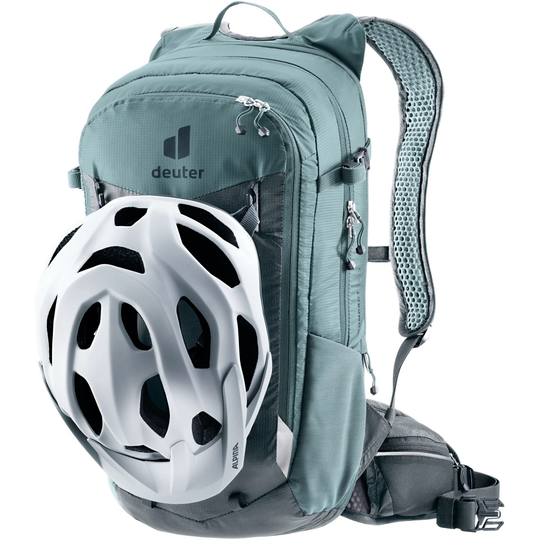 Compact 14+3 bike backpack with helmet attachment, adjustable straps, and Airstripes system for secure fit.