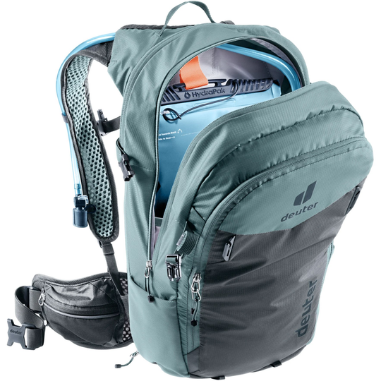 Compact 14+3 backpack with expandable volume, hydration system compatibility, and helmet attachment.