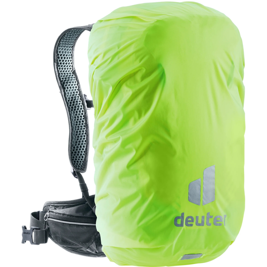Backpack with green rain cover and black straps, featuring Deuter logo.