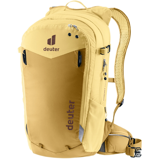Compact 14+3 bike backpack with Airstripes system, expandable volume, and various compartments including hydration and tool organizer.