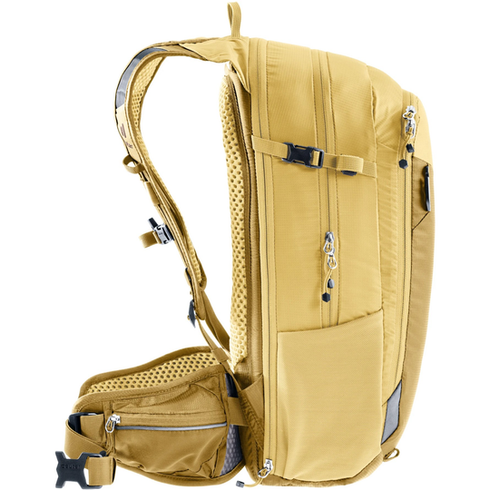Compact 14+3 bike backpack with Airstripes system, expandable volume, hydration compartment, and helmet attachment.