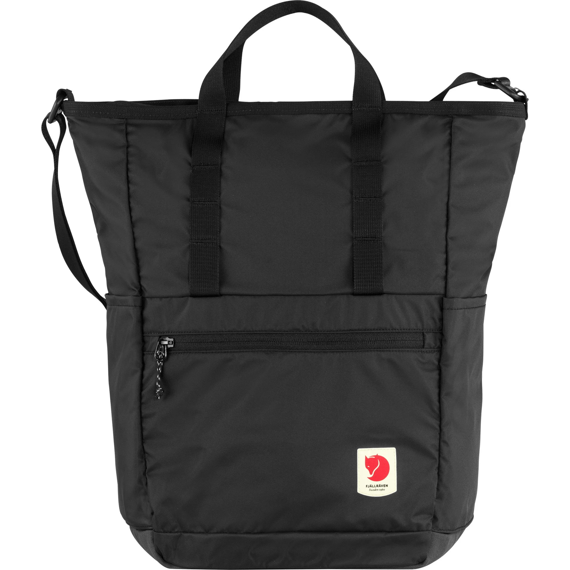 Lightweight black recycled polyamide totepack with flexible straps and multiple pockets.