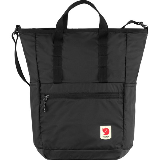 Lightweight black recycled polyamide totepack with flexible straps and multiple pockets.