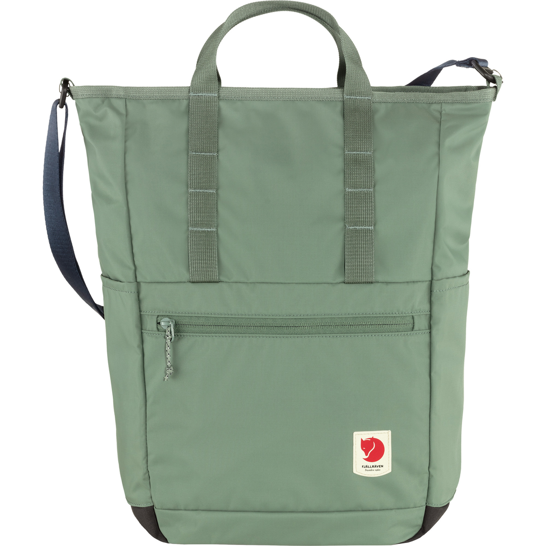 Lightweight green High Coast Totepack with multiple straps and front zipper pocket, made of recycled polyamide, ideal for everyday use and travel.