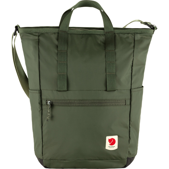 Lightweight green High Coast Totepack with adjustable handles and straps, made of recycled polyamide, featuring multiple pockets and a laptop compartment.