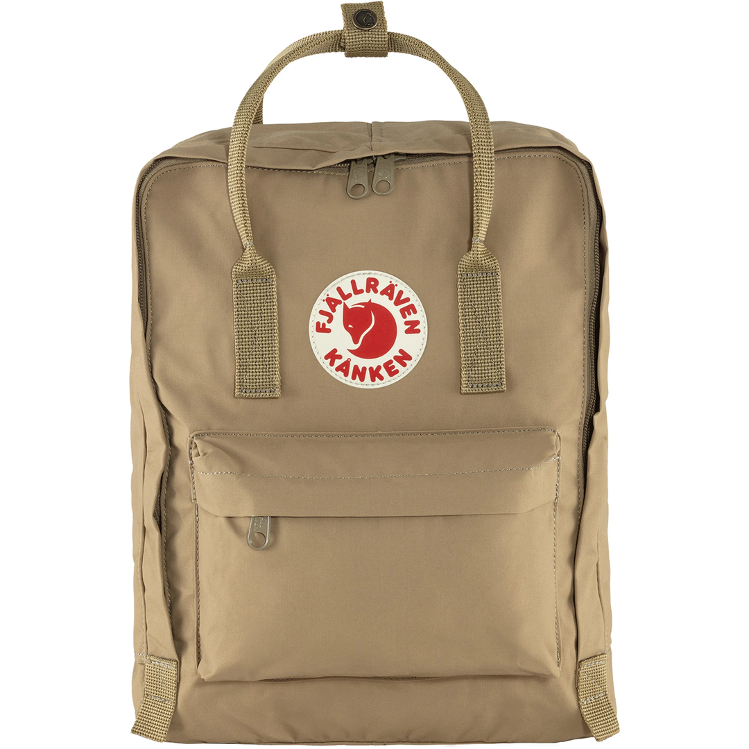 Zaino Kånken in tessuto Vinylon, beige, con maniglie superiori e tasca frontale.