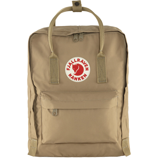 Zaino Kånken in tessuto Vinylon, beige, con maniglie superiori e tasca frontale.