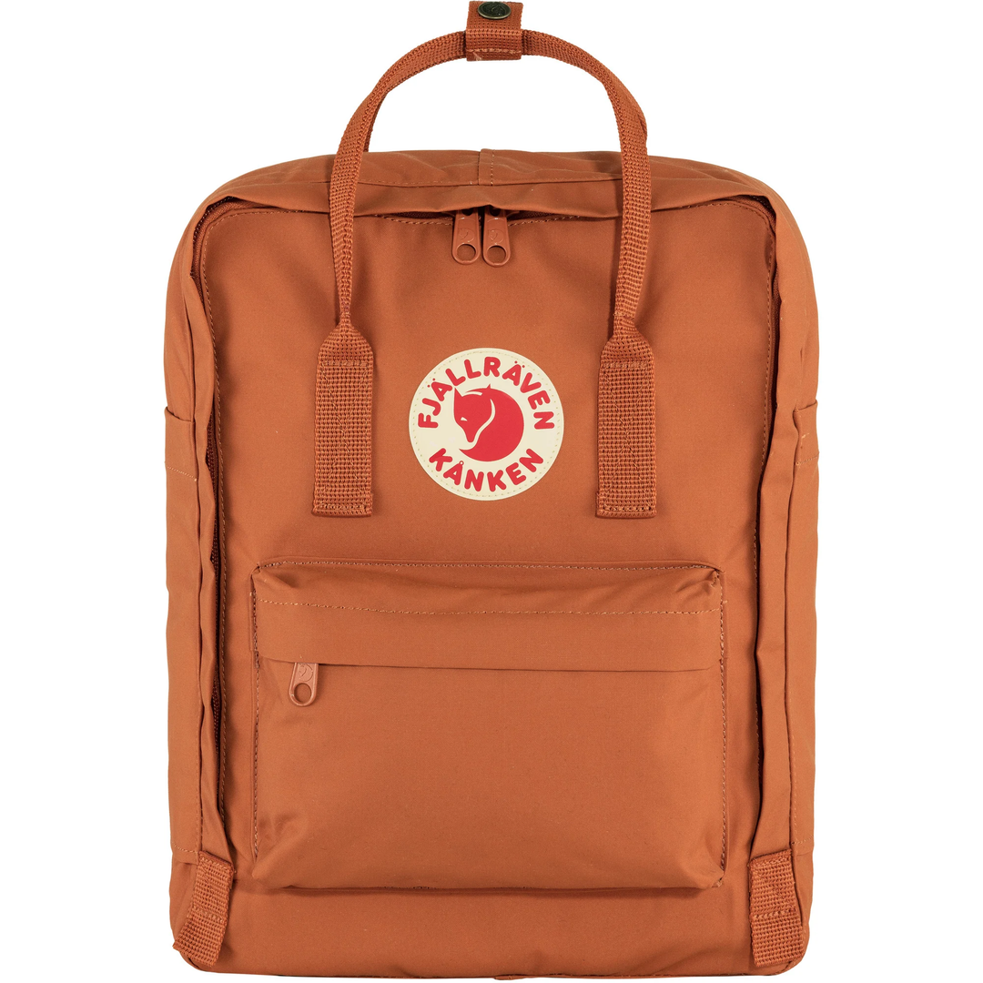 Zaino Kånken in tessuto Vinylon marrone con logo Fjällräven e tasca frontale.