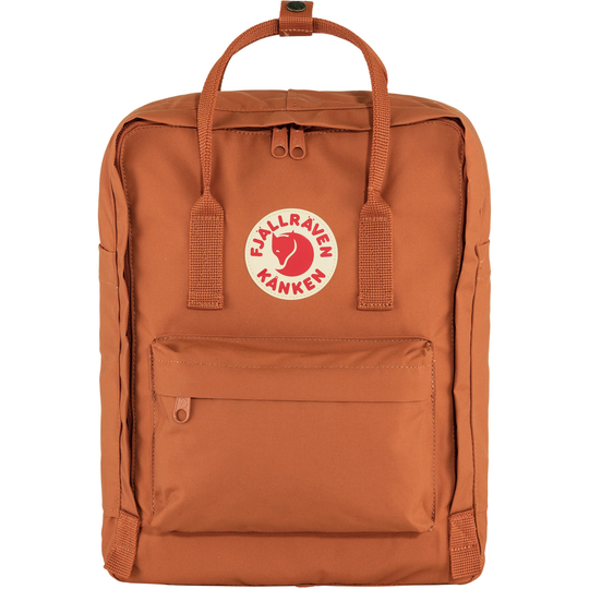 Zaino Kånken in tessuto Vinylon marrone con logo Fjällräven e tasca frontale.