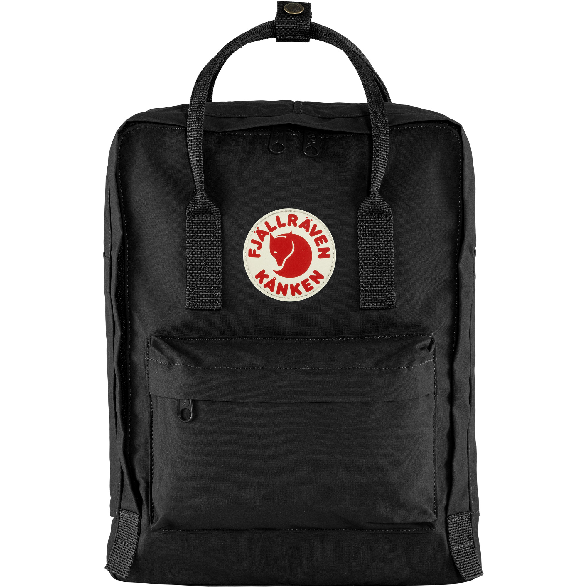 Zaino Kånken classico nero in tessuto Vinylon con cerniera, maniglie superiori e logo riflettente.