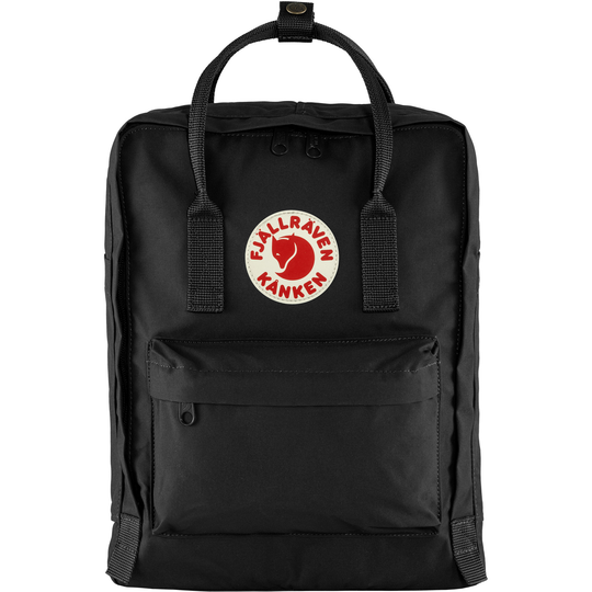 Zaino Kånken classico nero in tessuto Vinylon con cerniera, maniglie superiori e logo riflettente.