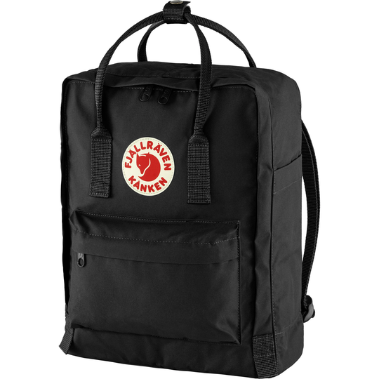 Classic black Kånken backpack in durable Vinylon fabric with a front pocket and convertible straps.