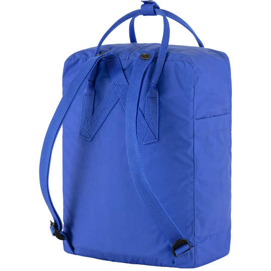 Zaino Kånken in tessuto Vinylon blu con spallacci convertibili e maniglie, vista posteriore.