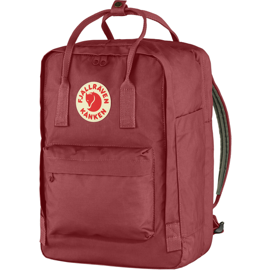 Kånken Laptop 15" backpack in red with padded laptop compartment, durable Vinylon F fabric, front zipper pocket, and side pockets.