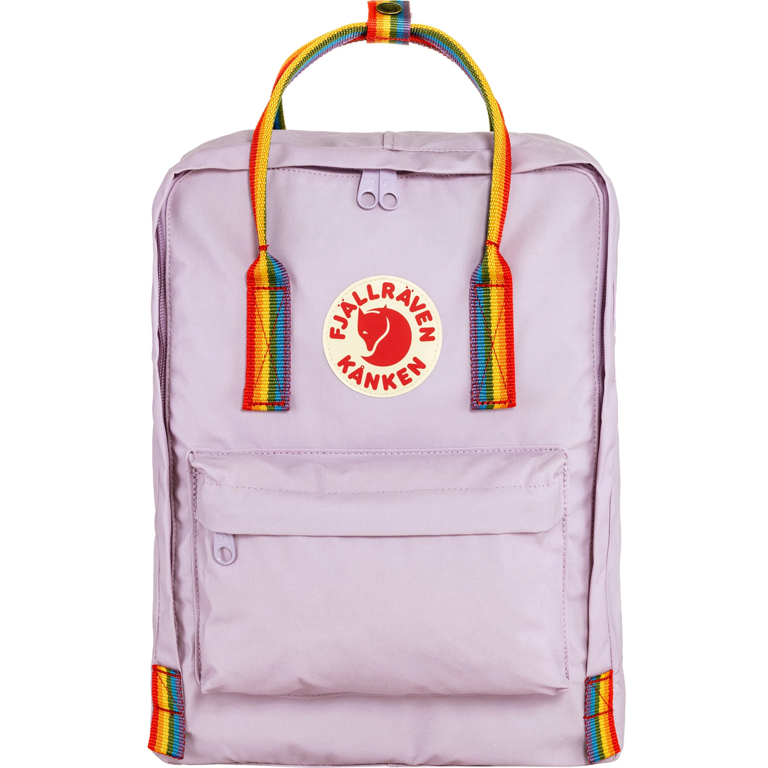 Kånken Rainbow backpack with rainbow straps and reflective logo.