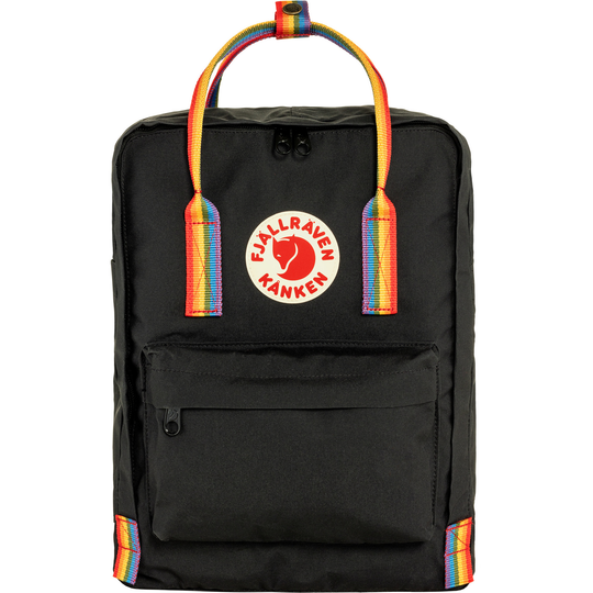 Kånken Rainbow backpack with colorful straps and reflective logo.
