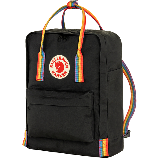 Kånken Rainbow special edition backpack with rainbow straps, featuring durable Vinylon F fabric, reflective logo, and multiple pockets.