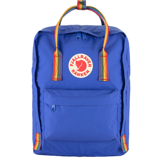 Kånken Rainbow backpack with rainbow straps, blue color, reflective logo, front and side pockets.