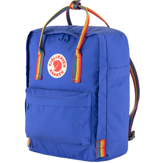 Kånken Rainbow special edition backpack with rainbow straps, blue water-resistant Vinylon F fabric, and reflective logo.