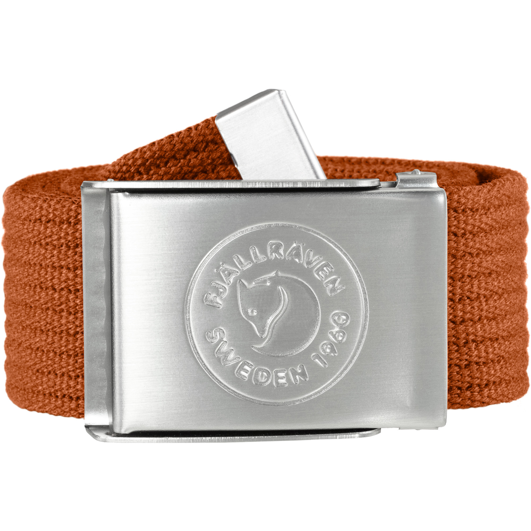 Cintura in tela arancione con fibbia in metallo logo 1960.
