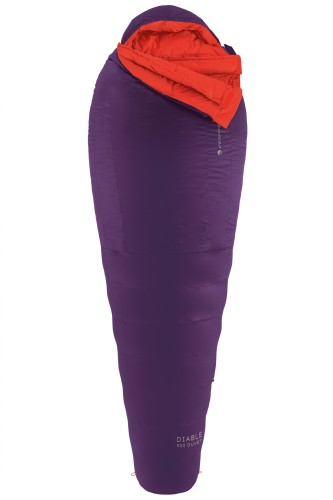 Sacco Diable 900 Duvet RDS Down sleeping bag in purple with red interior, featuring premium technical down filling.