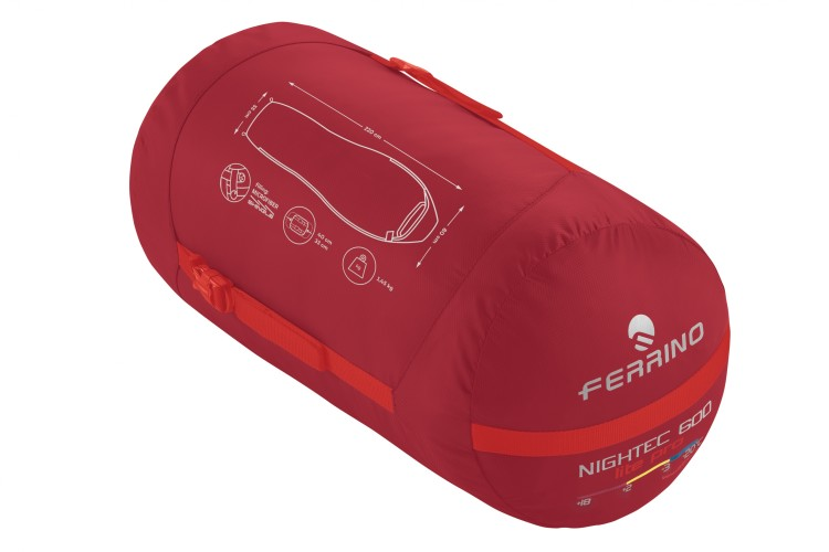 Sacco a pelo Nightec Lite Pro 600 L rosso con caratteristiche tecniche per alpinismo e trekking, realizzato in tessuto riciclato, imbottitura termica e compressione efficiente.