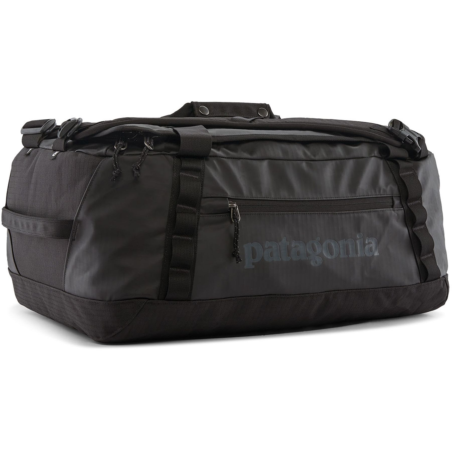 Black Hole Duffel 40L black eco-friendly duffel bag with ergonomic straps and water-resistant recycled fabric