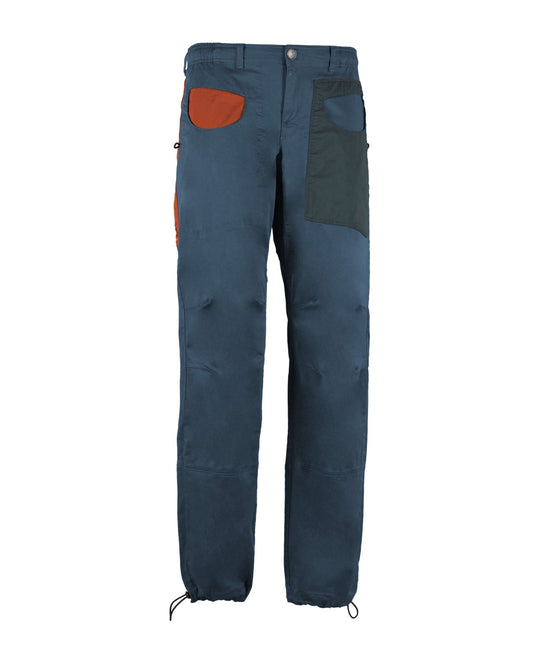 Pantaloni outdoor in cotone biologico elasticizzato con tasche colorate e vita regolabile, design slim fit per arrampicata e attività outdoor.