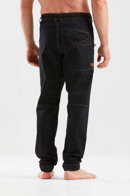 Pantaloni outdoor e climbing in denim resistenti e slim fit con elastico interno, logo eco-pelle e ricamo, made in Italy