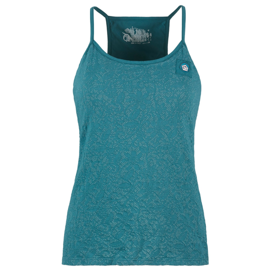 Canotta in cotone biologico bielastico con reggiseno integrato, stampa grafica e logo E9, Made in Italy.