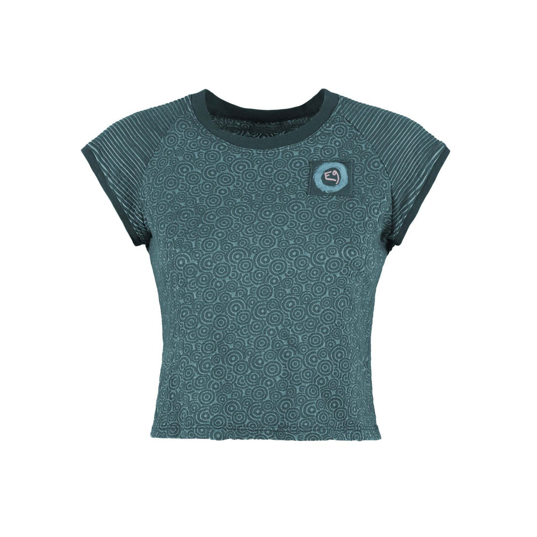 T-shirt outdoor Audrey verde acqua con maniche a righe e logo sul petto, vestibilità aderente