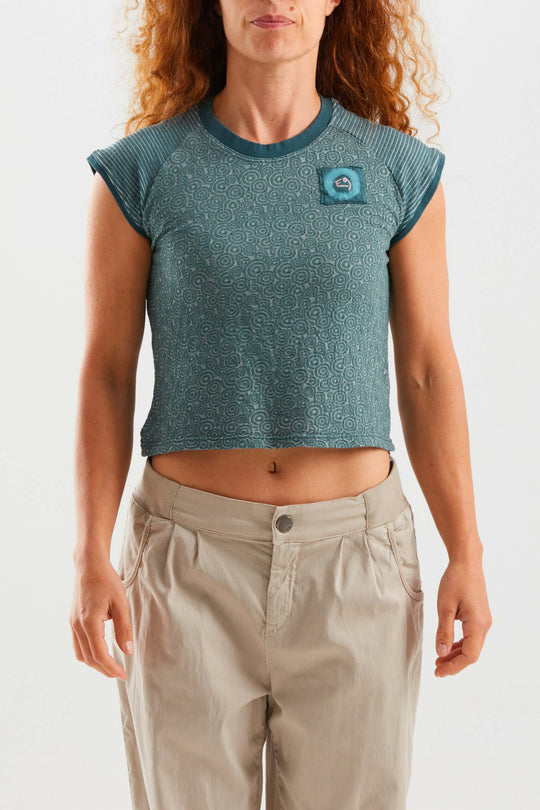 Green Lake Audrey t-shirt outdoor with striped sleeves and heart logo patch, slim fit, made in Italy
