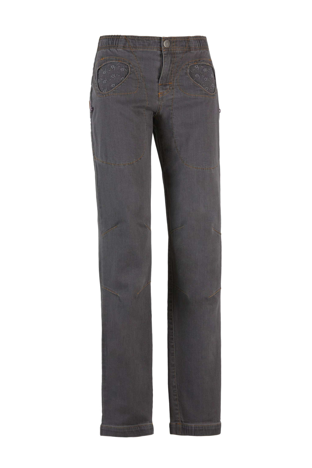Pantaloni Onda Denim in denim resistente con tasche in pizzo sangallo e vita elasticizzata, comfort slim fit per outdoor e climbing.