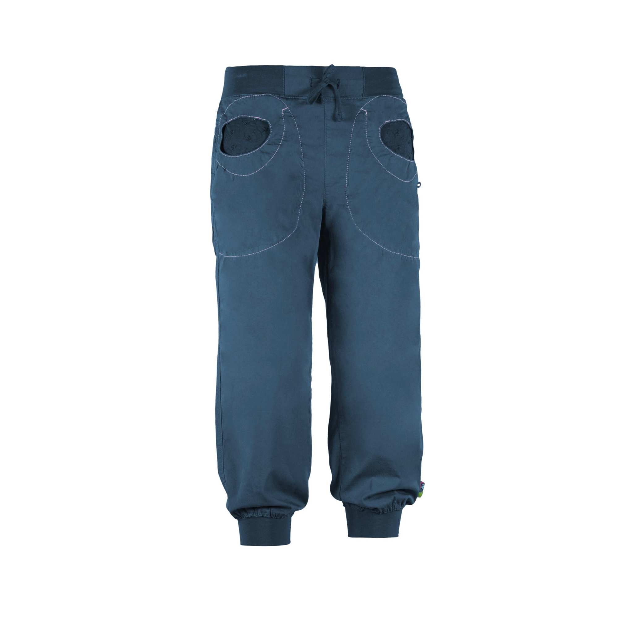 Pantaloni 3/4 outdoor in bamboo e cotone biologico con tasche in pizzo e vita regolabile, ideali per arrampicata e comfort.
