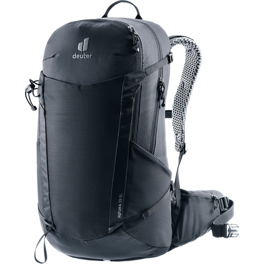 Deuter Futura 29 EL hiking backpack with breathable mesh back, chest straps, rain cover, and multiple compartments for day trips