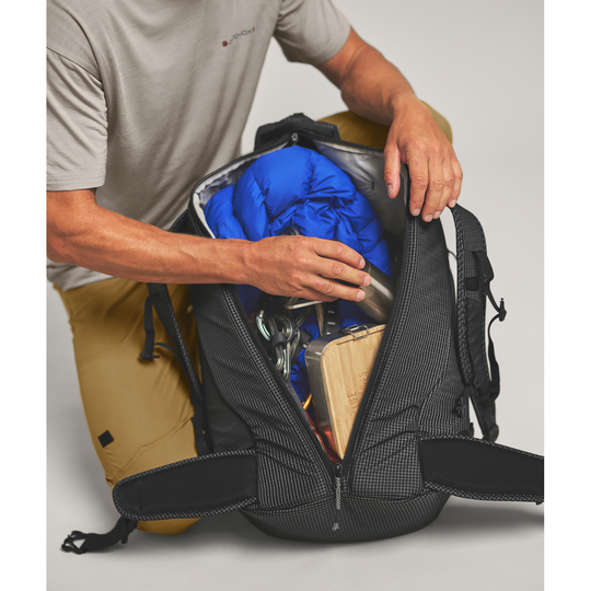 Ortovox Affinity 42 climbing backpack with padded backrest, rolltop closure, and multiple gear attachment points.