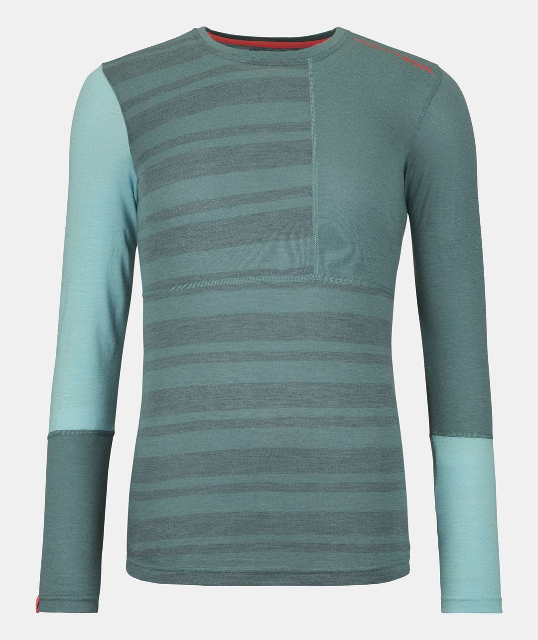 Women's 185 Rock'N'Wool Long Sleeve in merino wool, teal with striped design, ideal for winter activities.