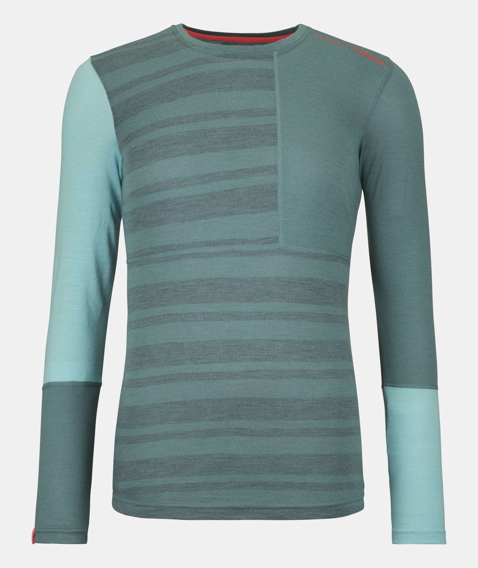 Women's 185 Rock'N'Wool Long Sleeve in merino wool, teal with striped design, ideal for winter activities.