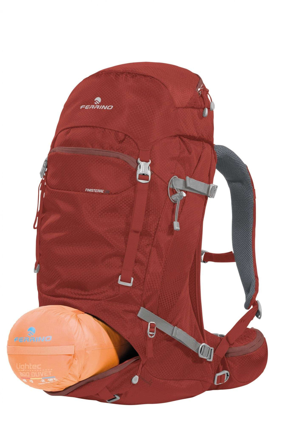 Zaino Finisterre 38 red hiking backpack with multiple pockets, flexible steel back system, and RECCO reflector.