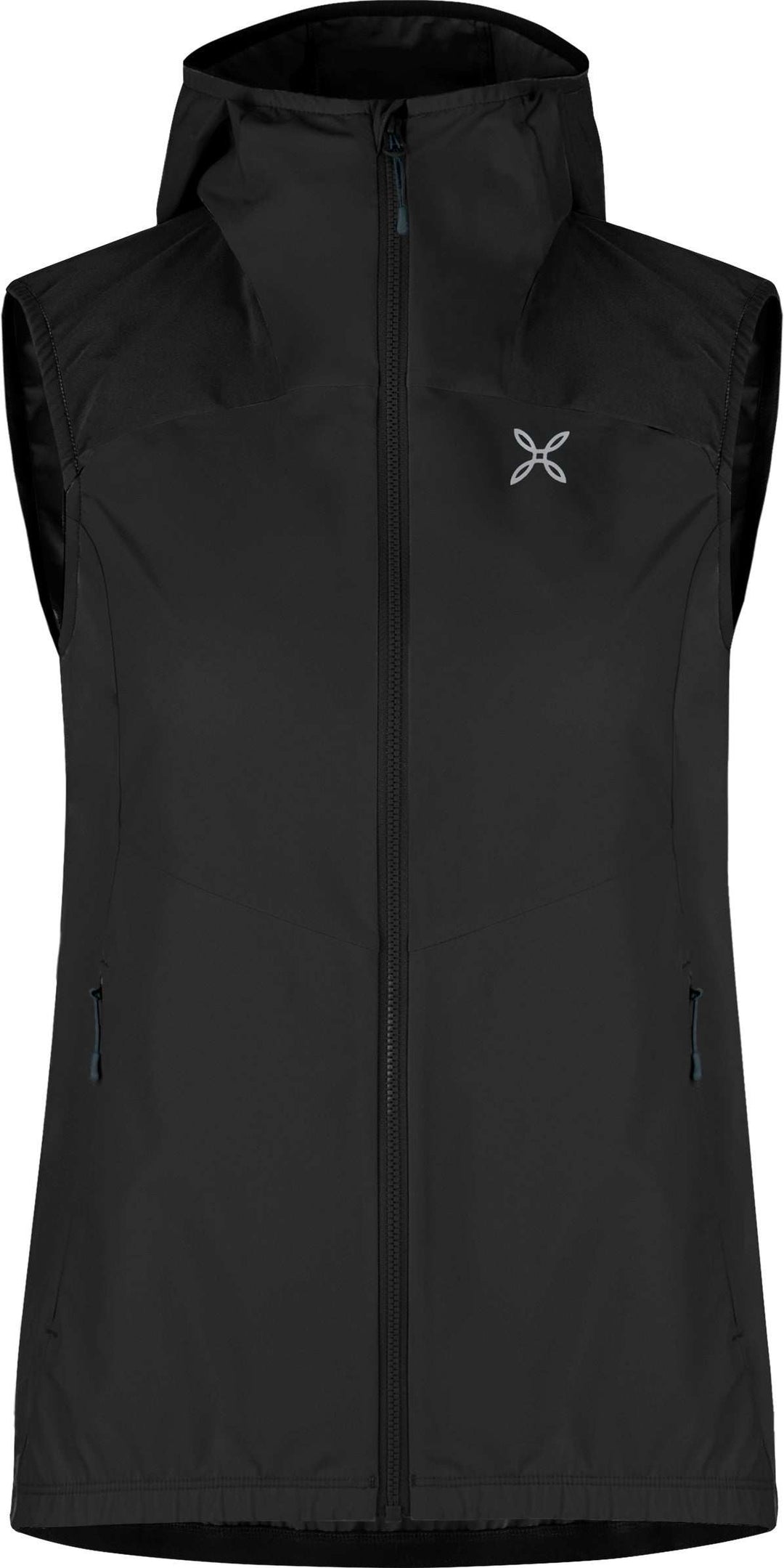 Women's breathable Rise Hooded Vest for hiking, lightweight with windproof nylon, DWR treatment, UPF 50+, elasticized hood and hem, zip pockets.
