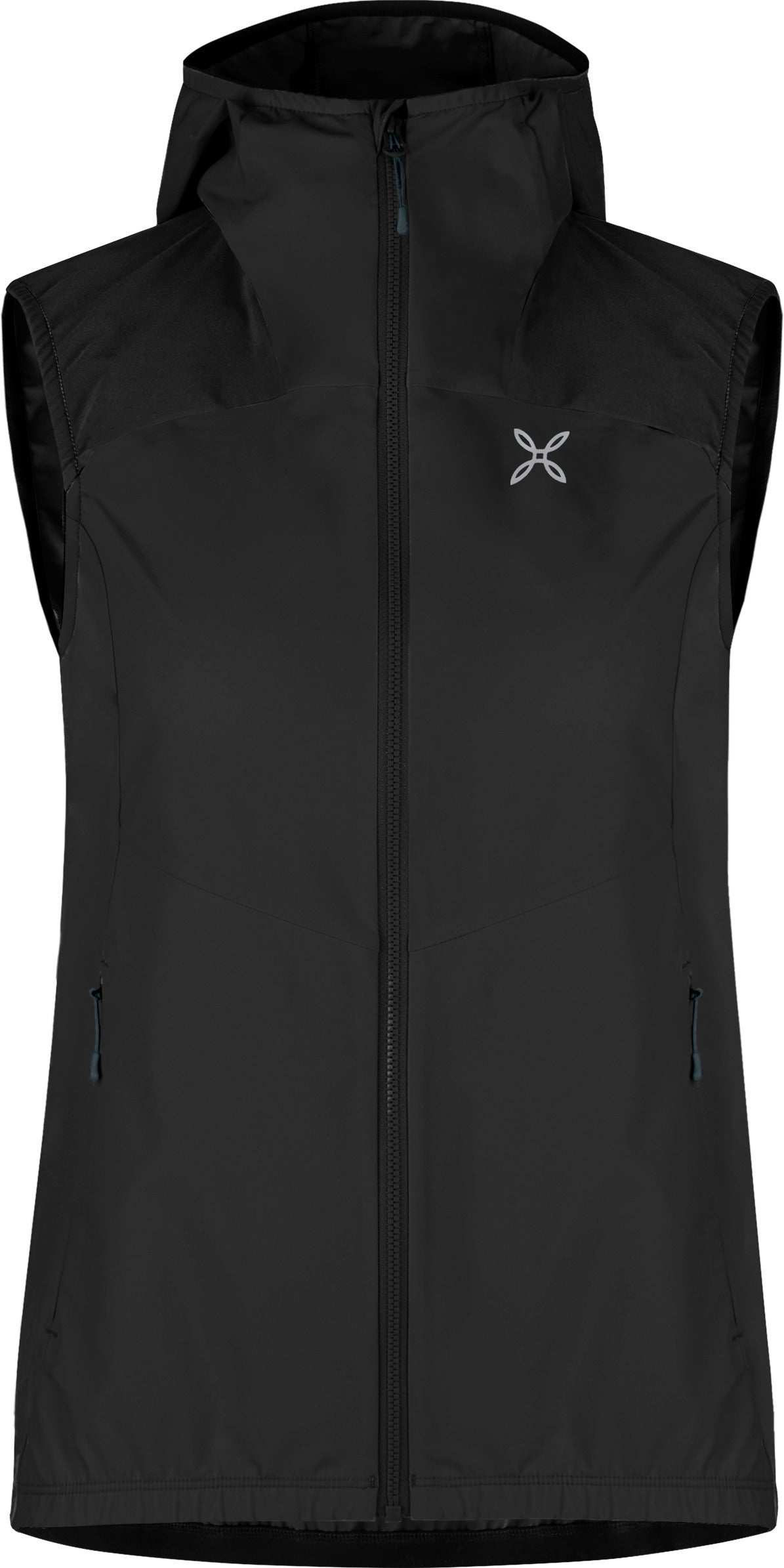 Women's breathable Rise Hooded Vest for hiking, lightweight with windproof nylon, DWR treatment, UPF 50+, elasticized hood and hem, zip pockets.